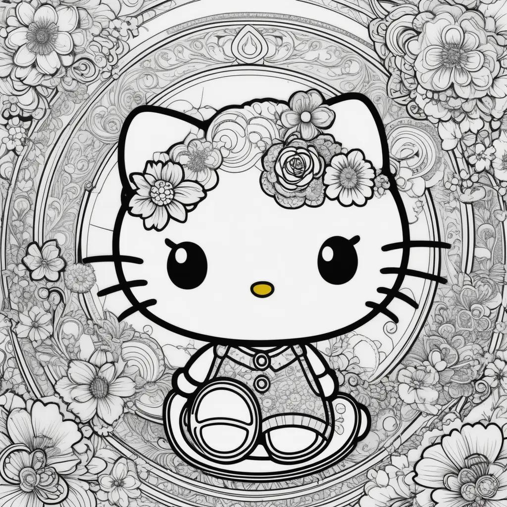 Hello Kitty coloring pages featuring flowers and a flower crown