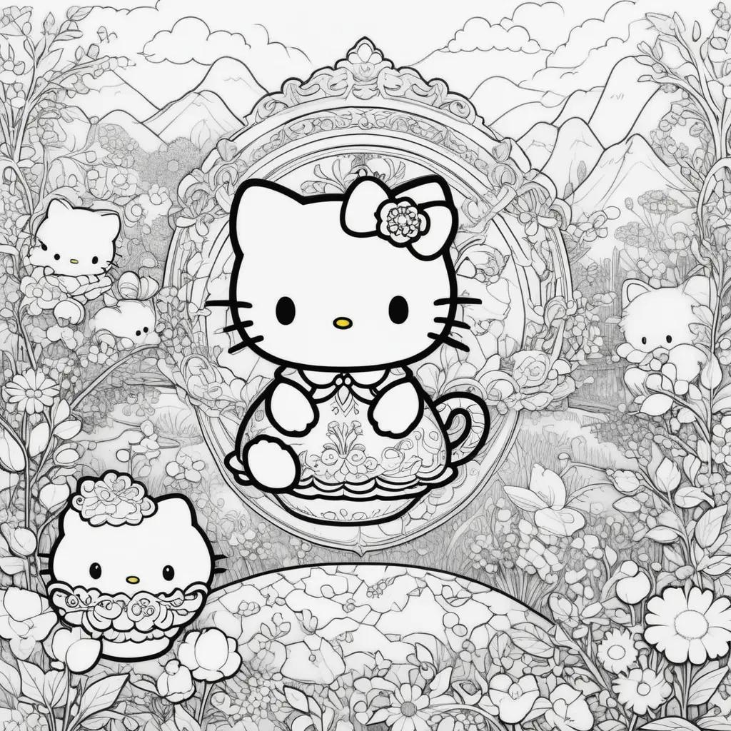 Hello Kitty coloring pages in a floral garden