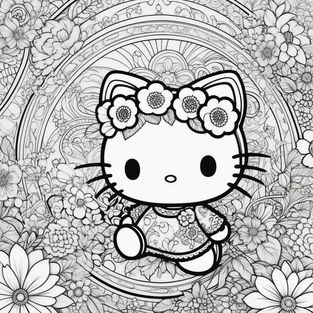 Hello Kitty coloring pages print with black and white flowers