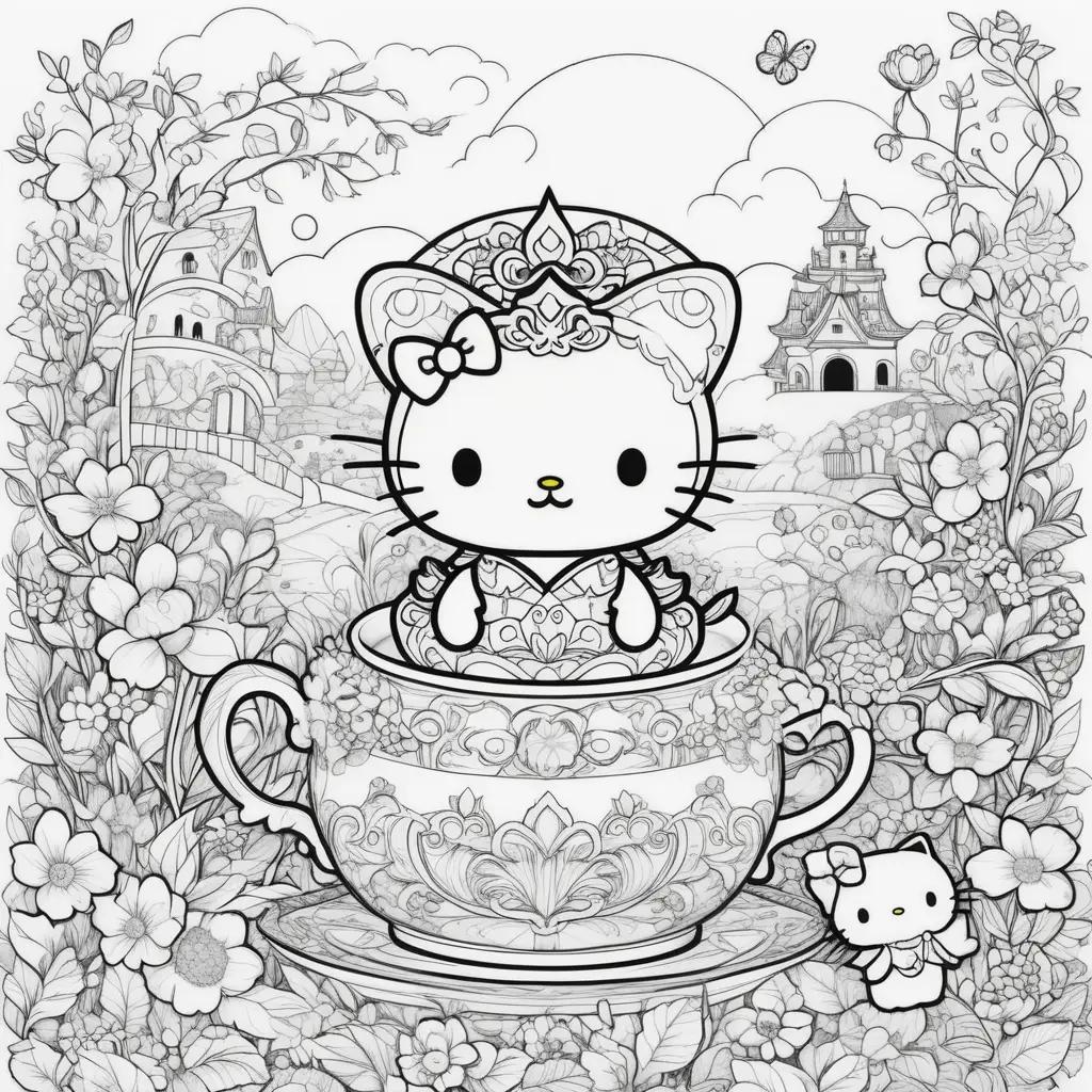 Hello Kitty coloring pages with floral background and tea cup