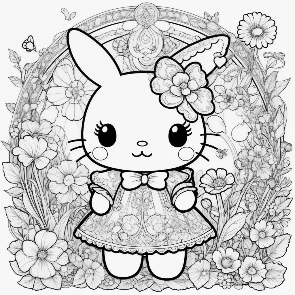 Hello Kitty coloring pages with flowers