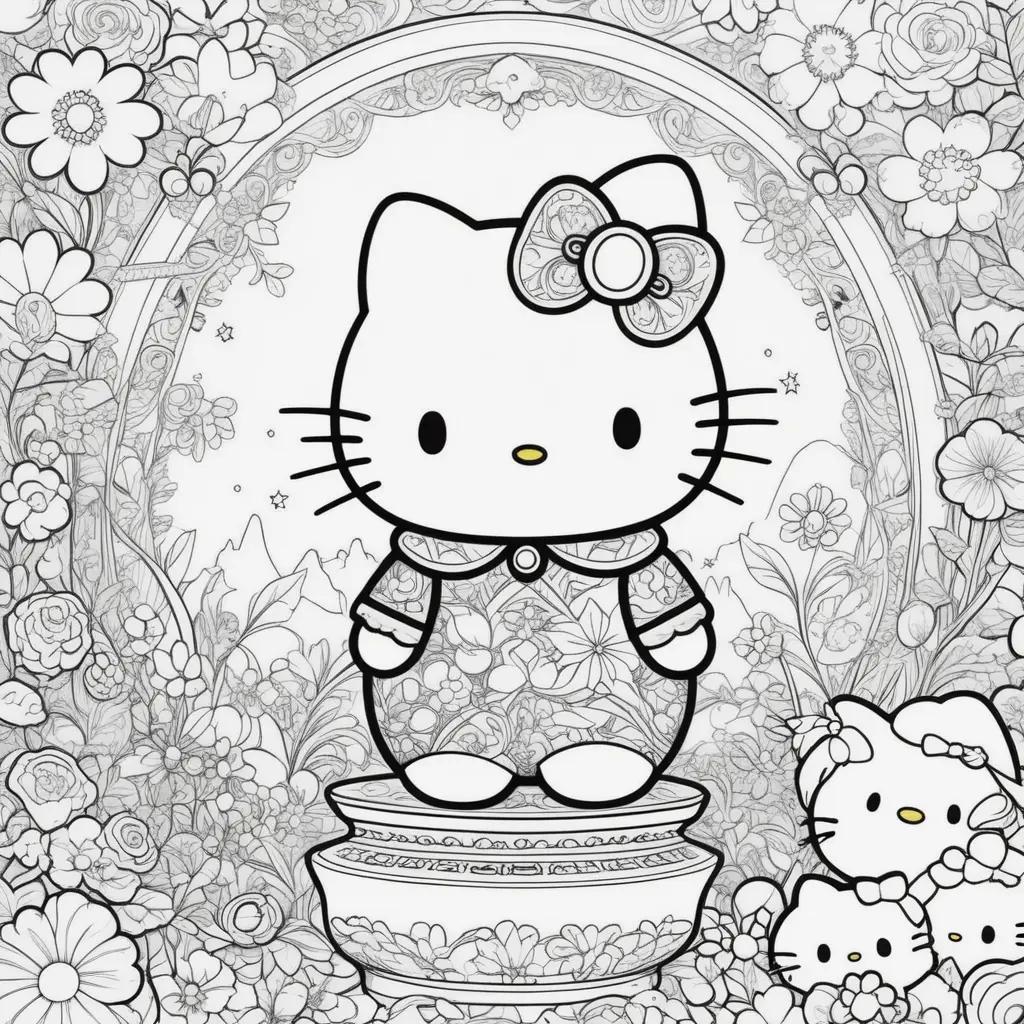 Hello Kitty coloring pages with flowers