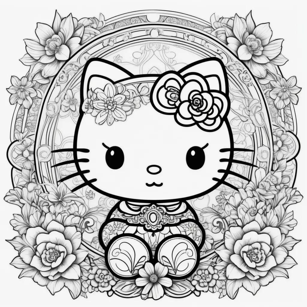 Hello Kitty coloring pages with flowers and bow