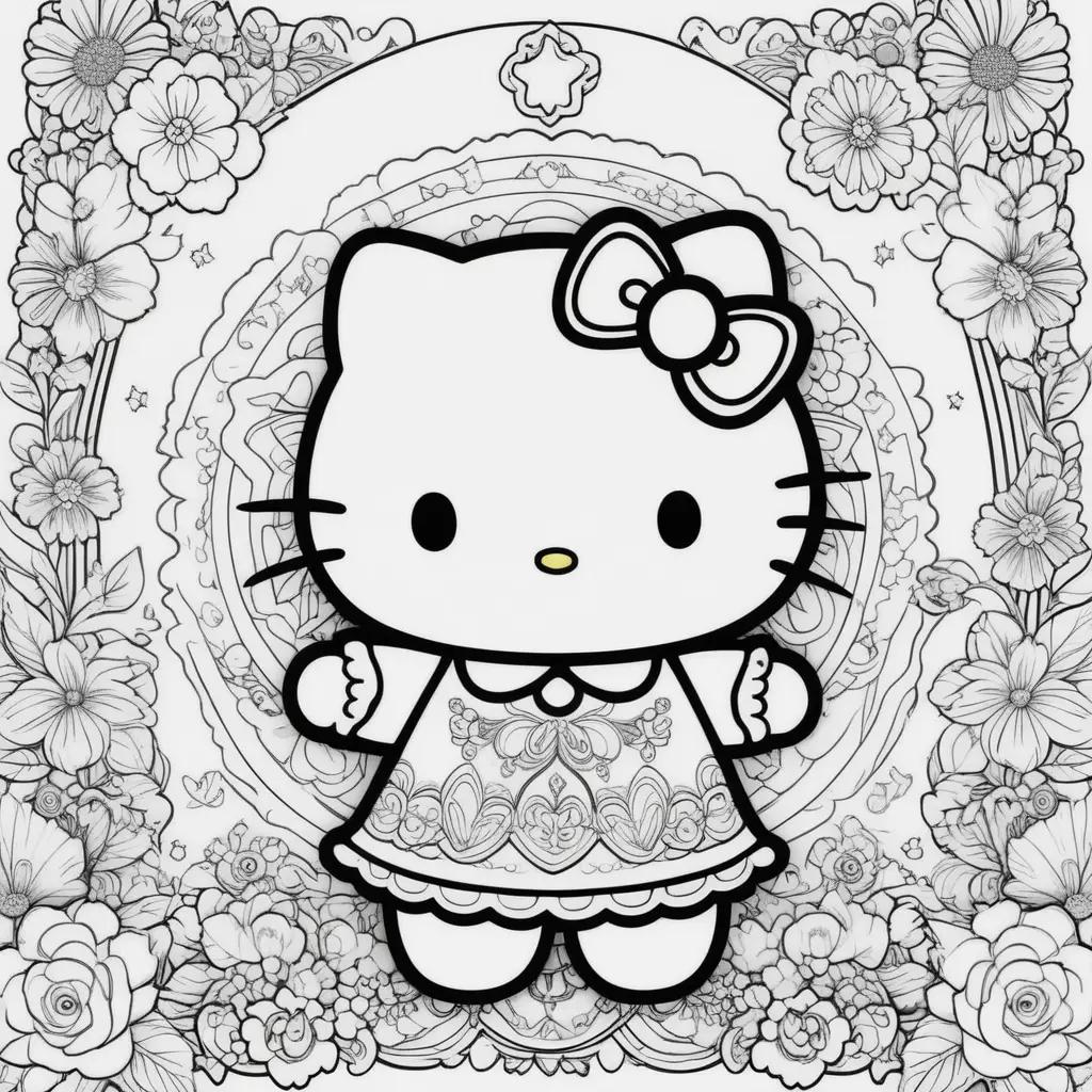 Hello Kitty coloring pages with flowers and bow