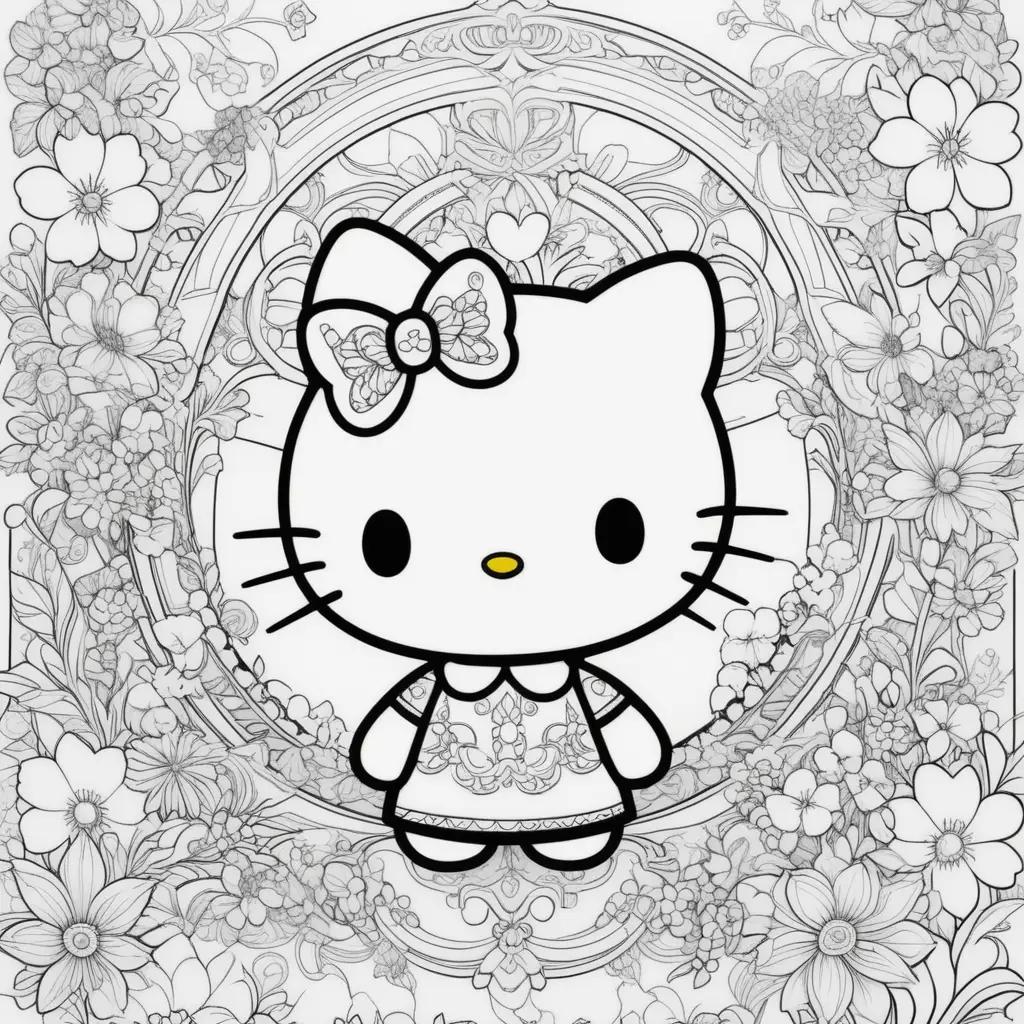 Hello Kitty coloring pages with flowers and bow