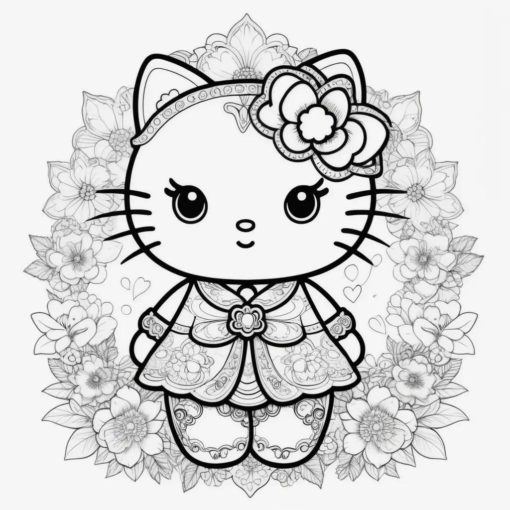 Hello Kitty coloring pages with flowers and bow