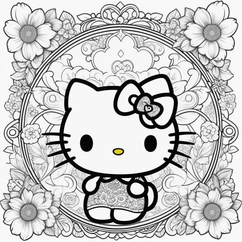 Hello Kitty coloring pages with flowers and bow