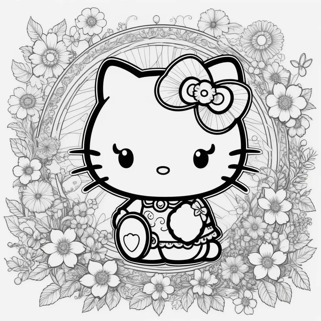 Hello Kitty coloring pages with flowers and butterflies