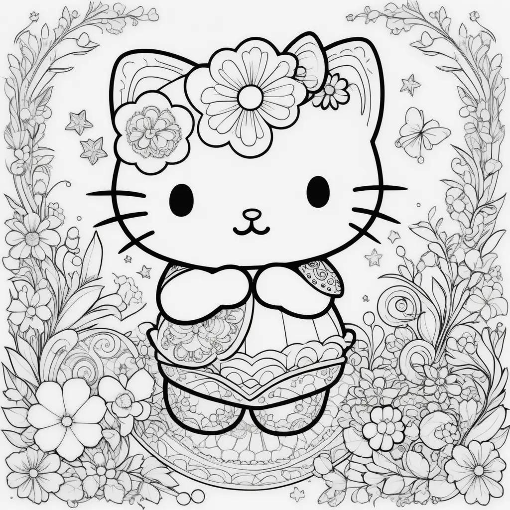 Hello Kitty coloring pages with flowers and butterflies