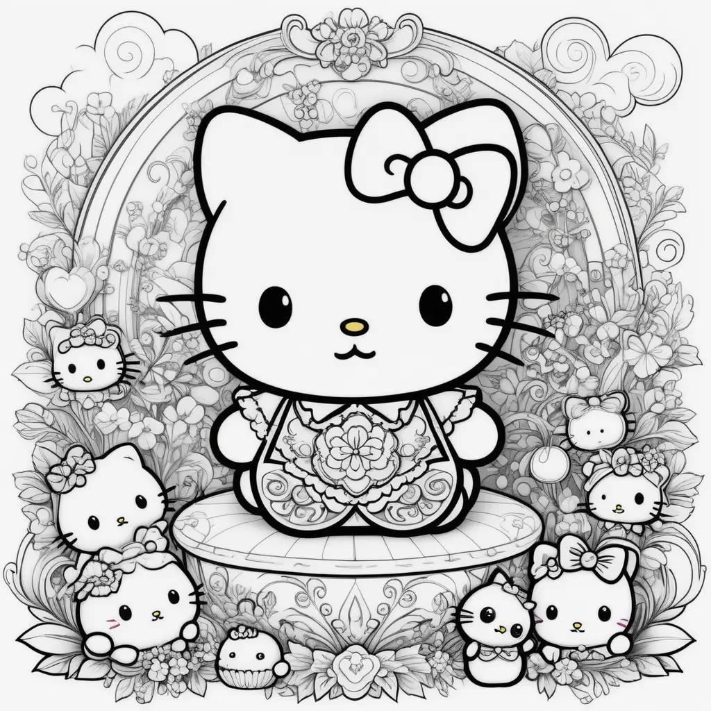 Hello Kitty coloring pages with flowers and cats