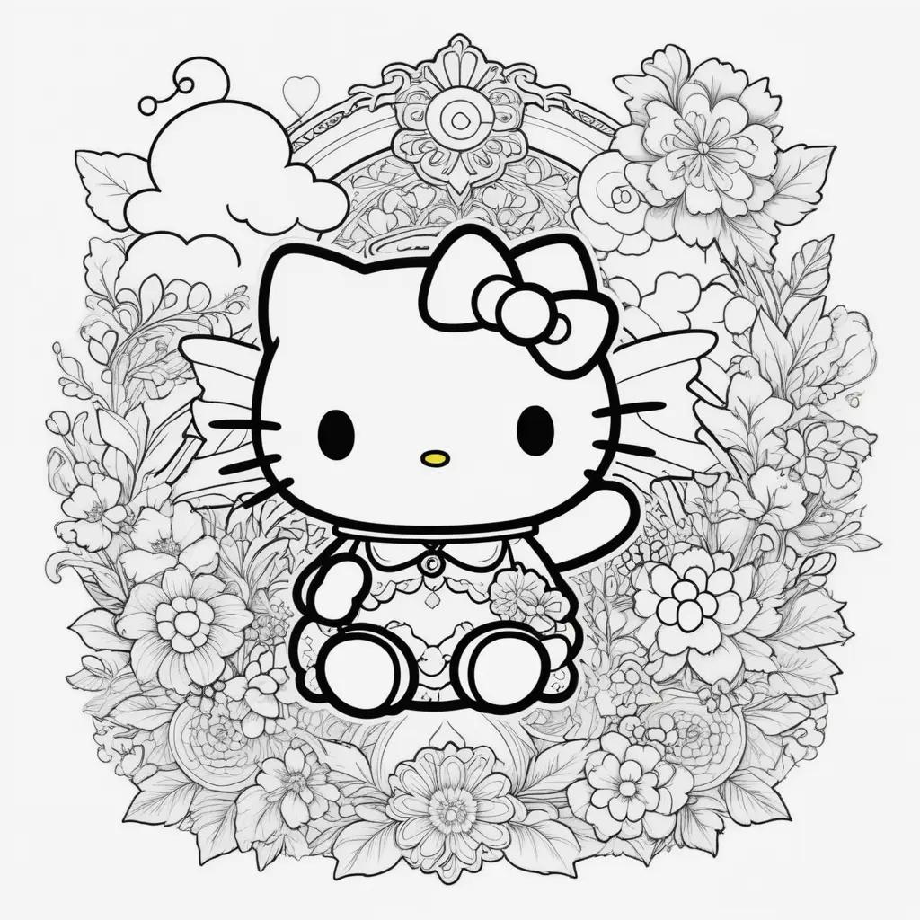 Hello Kitty coloring pages with flowers and clouds