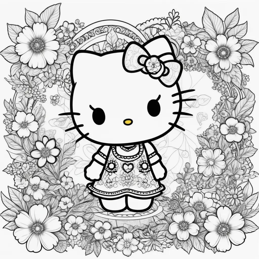 Hello Kitty coloring pages with flowers and leaves