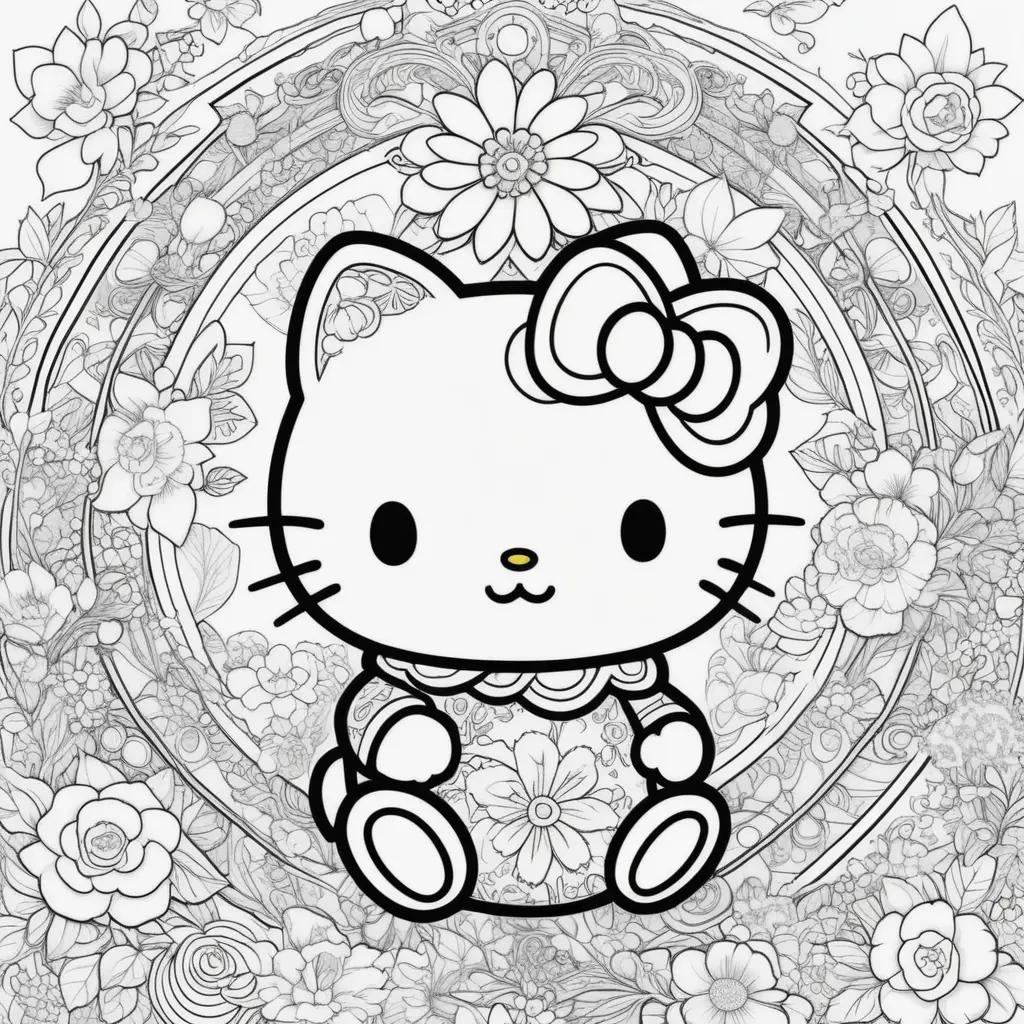 Hello Kitty coloring pages with flowers and leaves