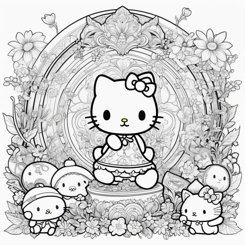 Hello Kitty coloring pages with flowers and other characters