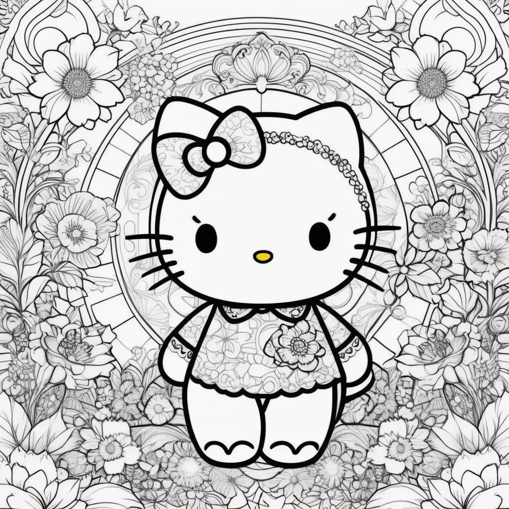 Hello Kitty coloring pages with flowers and rainbows