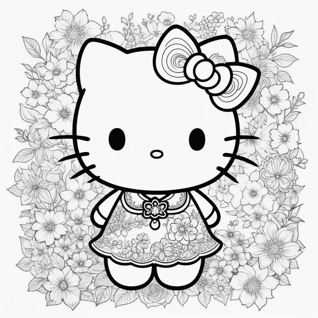 Hello Kitty coloring pages with flowers in the background