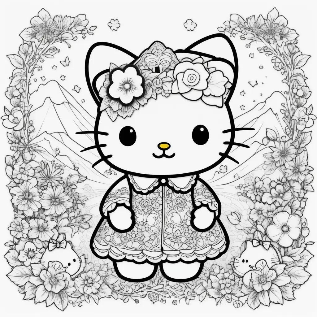 Hello Kitty coloring pages with flowers