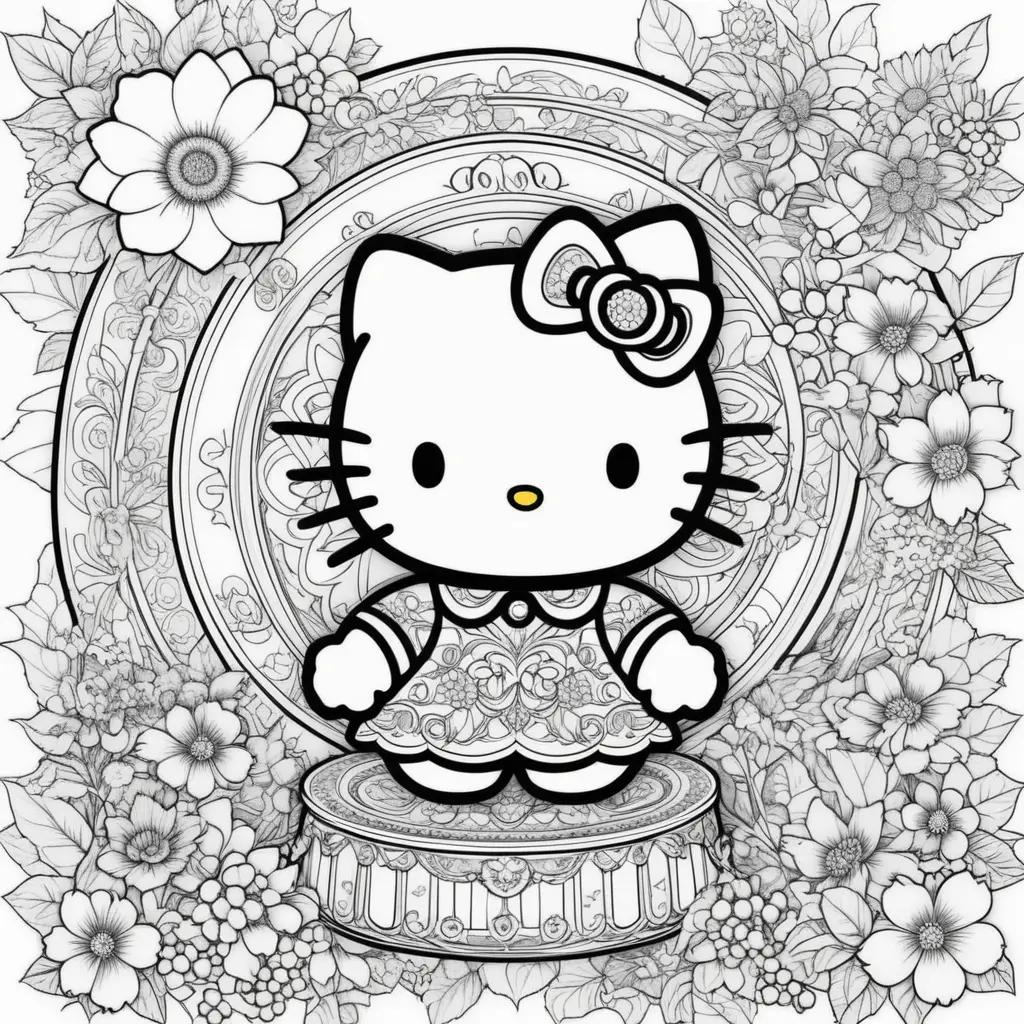 Hello Kitty coloring pages with free printable floral background