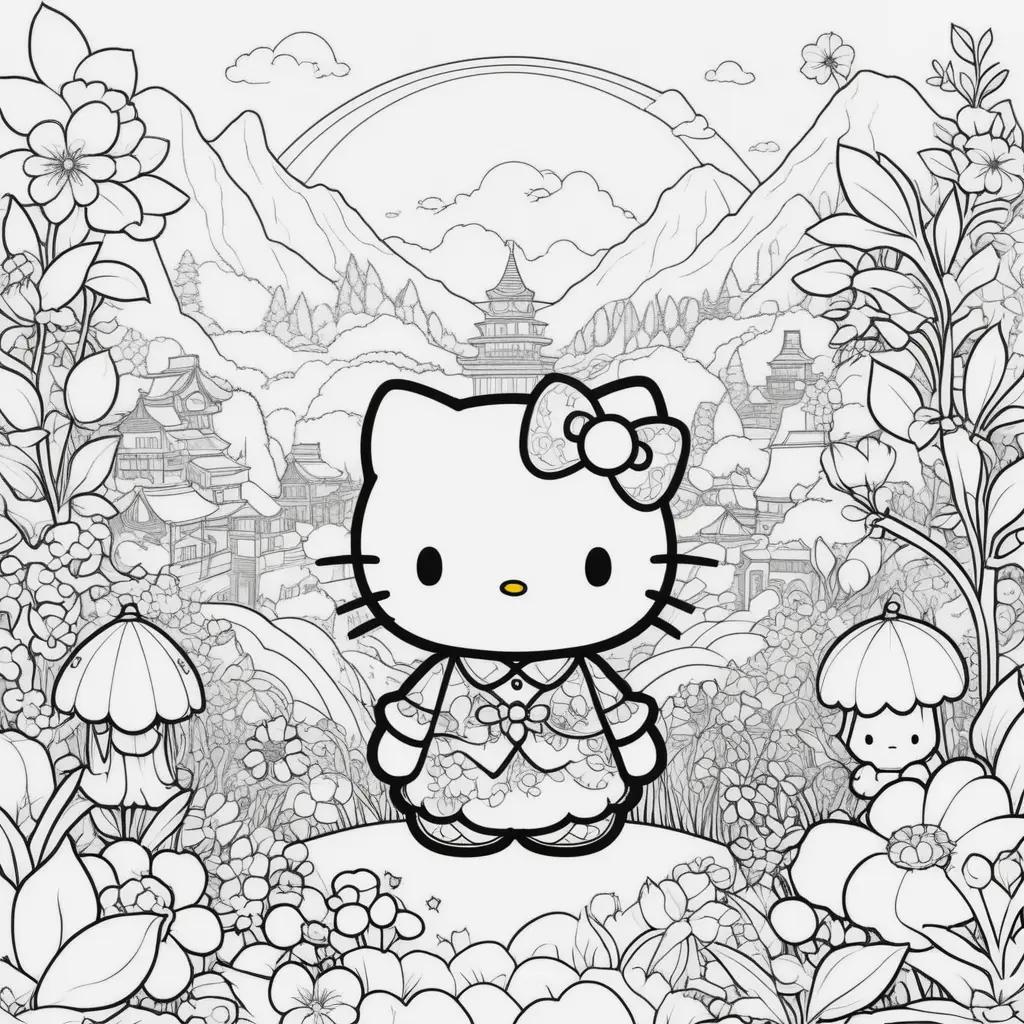 Hello Kitty coloring pages with mountain scenery