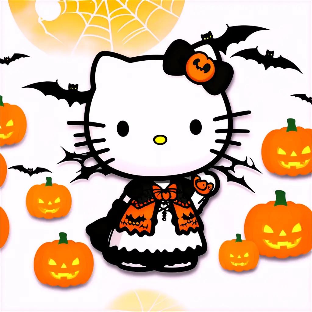 Hello Kitty in a Halloween costume with pumpkins