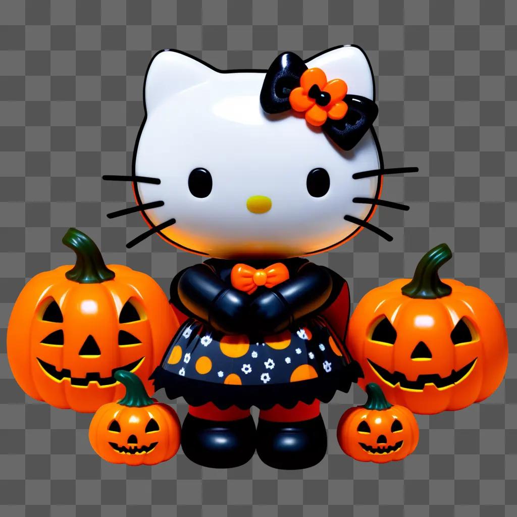 Hello Kitty stands with pumpkins for Halloween