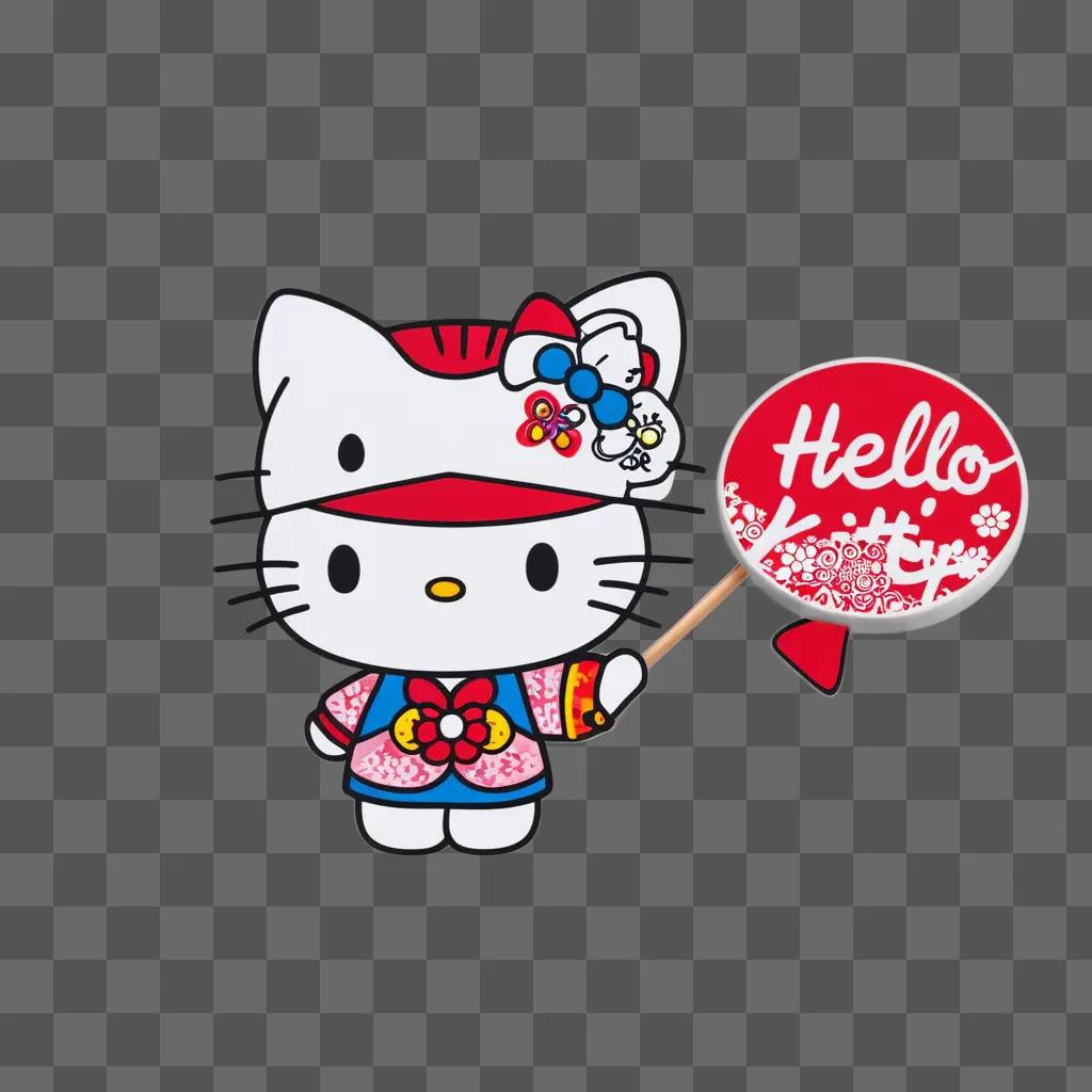 Hello Kitty waving red sign with Hello kitty