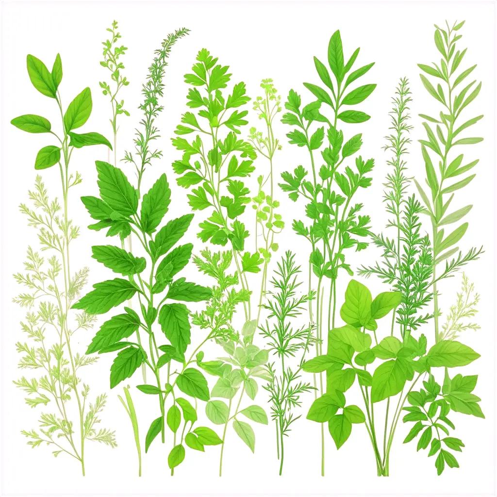 Herbs with different shapes and sizes on a white background