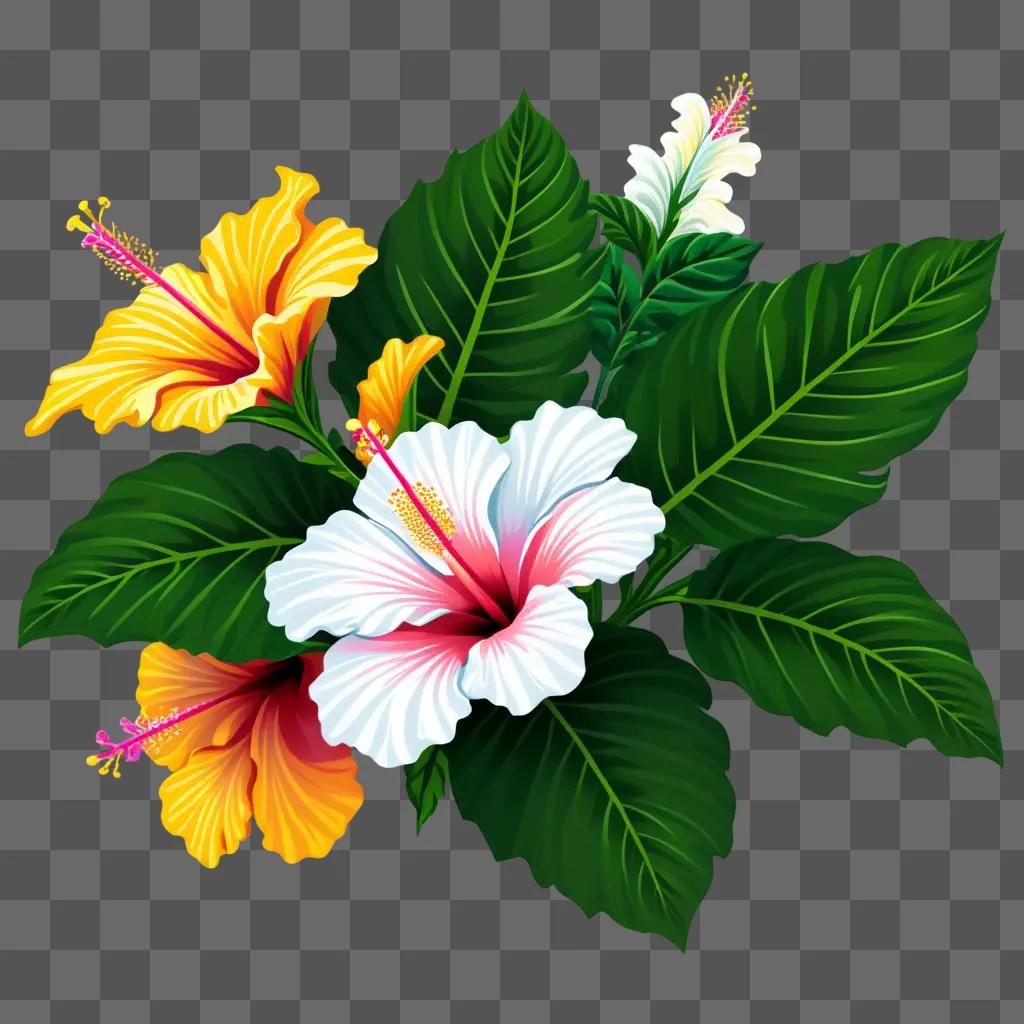 Hibiscus flowers and leaves in a colorful clipart