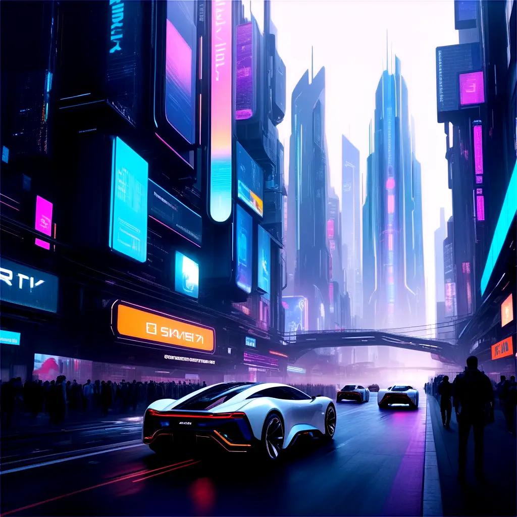 High-tech futuristic cityscape with neon lights and sleek vehicles