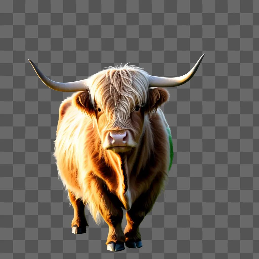 Highland cow with long horns on a beige background