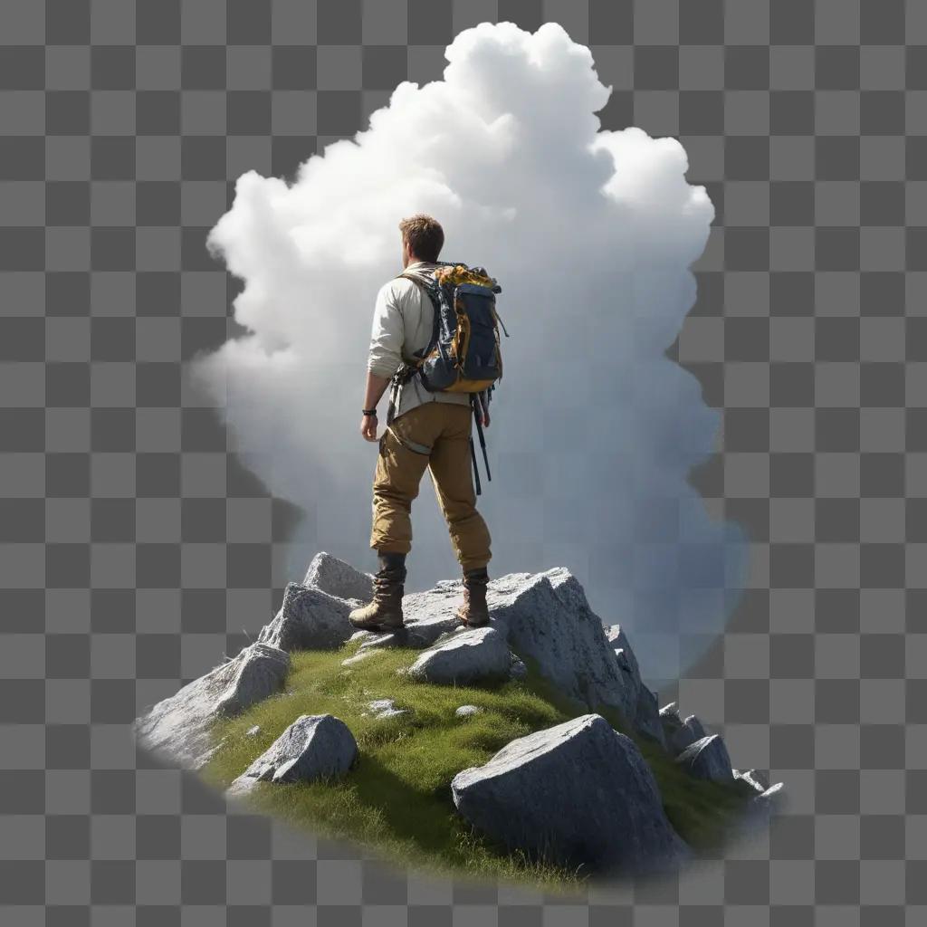 Hiker stands on rocky peak in clouds