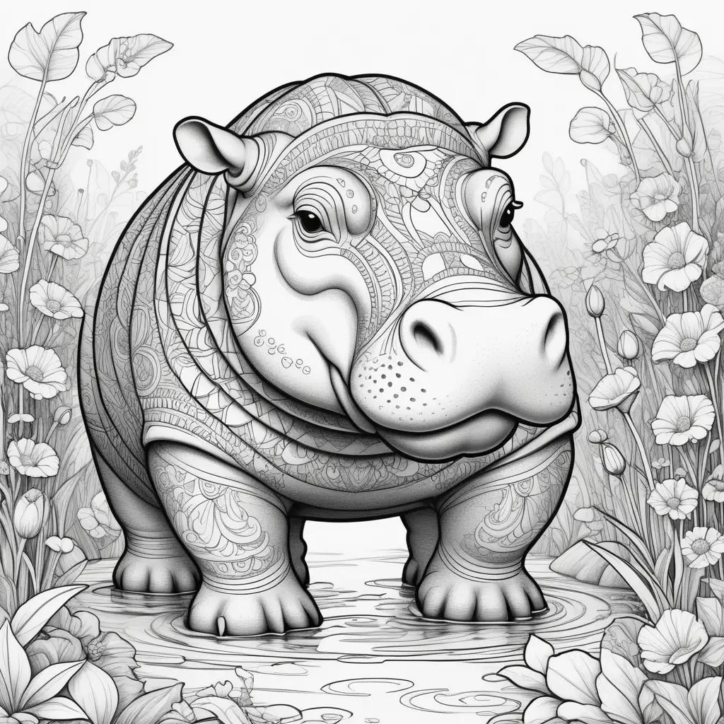 Hippo Coloring Page with detailed patterns and coloring book