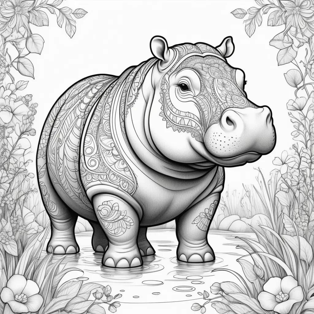 Hippo coloring page with intricate design and floral background