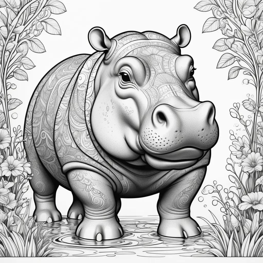 Hippo coloring page with intricate patterns and flowers