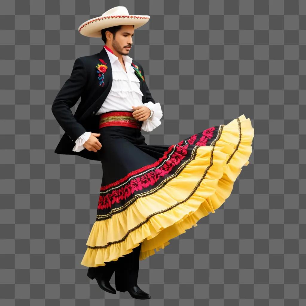 Hispanic dancer in colorful skirt and hat