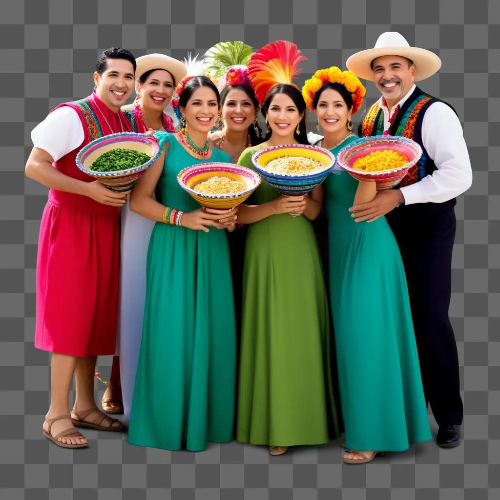 Hispanic dancers in traditional garb pose with food bowls