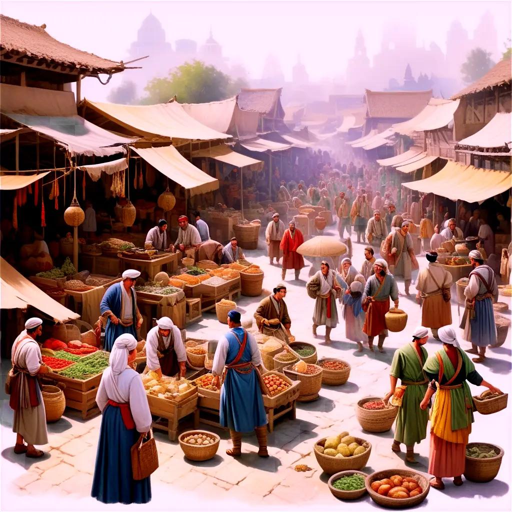 Historical scene of people at a market