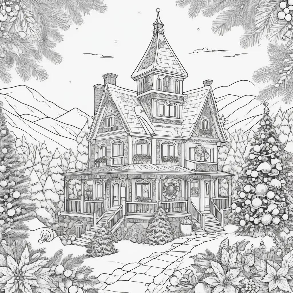 Holiday coloring pages: a house in a forest