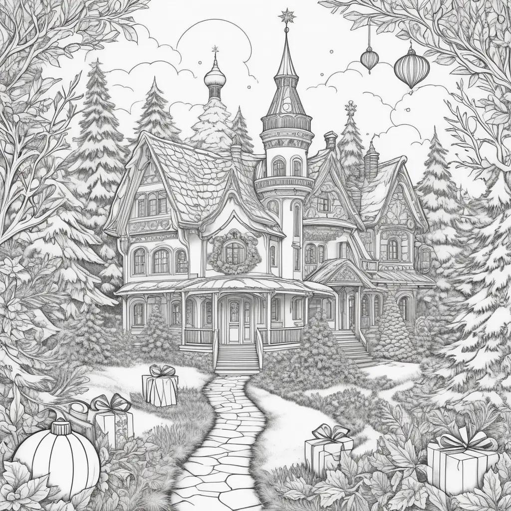 Holiday coloring pages feature a castle and presents