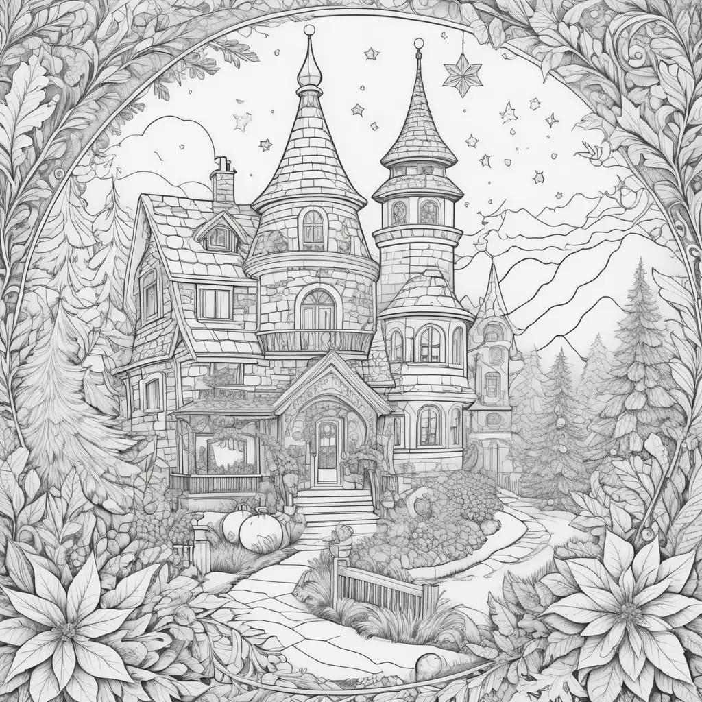 Holiday coloring pages featuring a fairy tale castle and stars