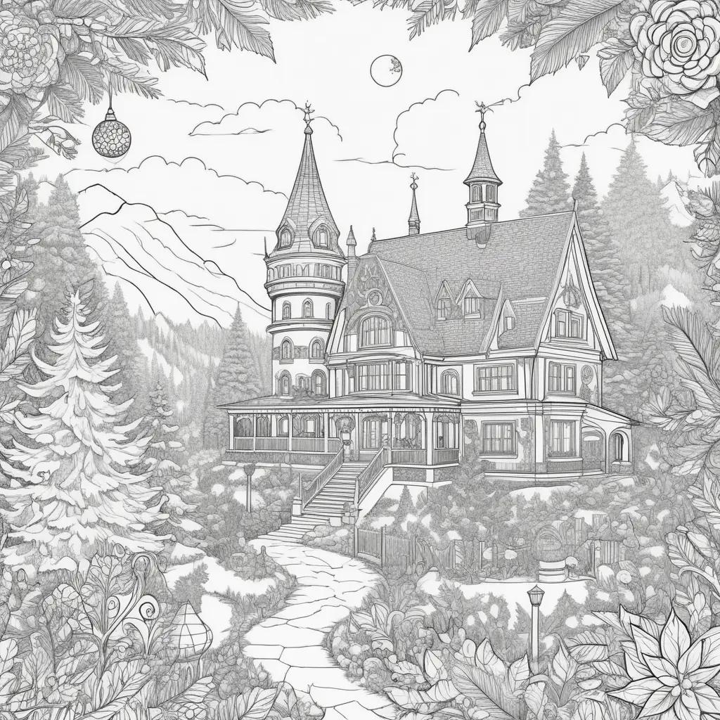 Holiday coloring pages featuring a large house in the woods