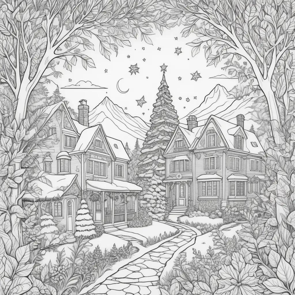 Holiday coloring pages with snow and trees