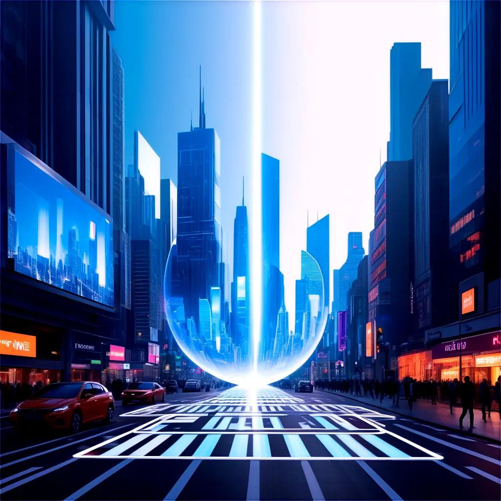 Hologram cityscape with people walking