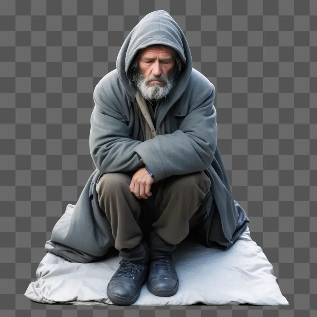 Homeless man sits on a blanket in a white room