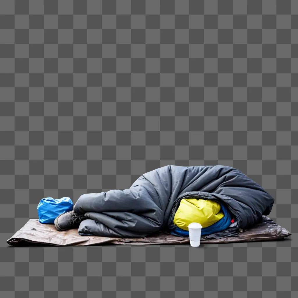 路上で寝袋で寝ているホームレスの人