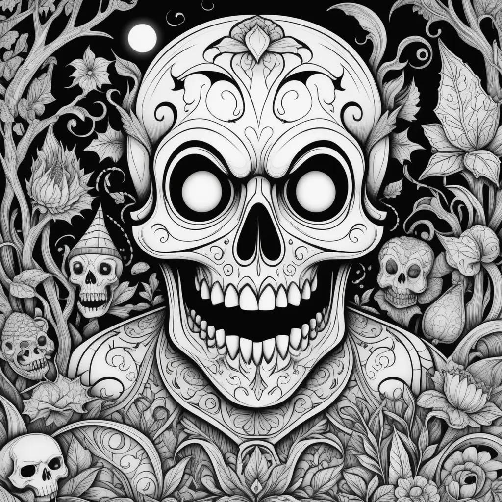 Horror coloring pages featuring a skeleton and skulls