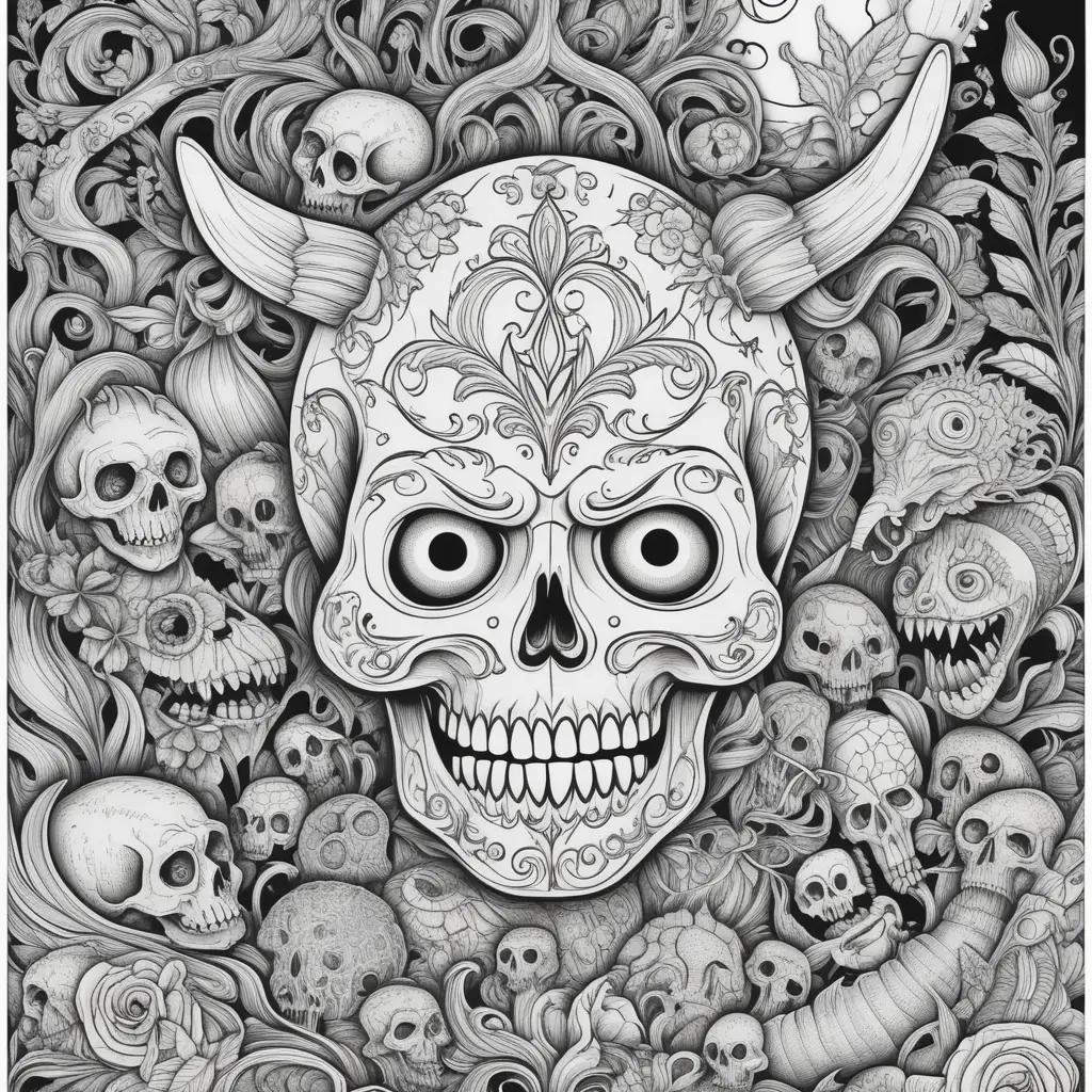 Horror coloring pages featuring a skull and skulls