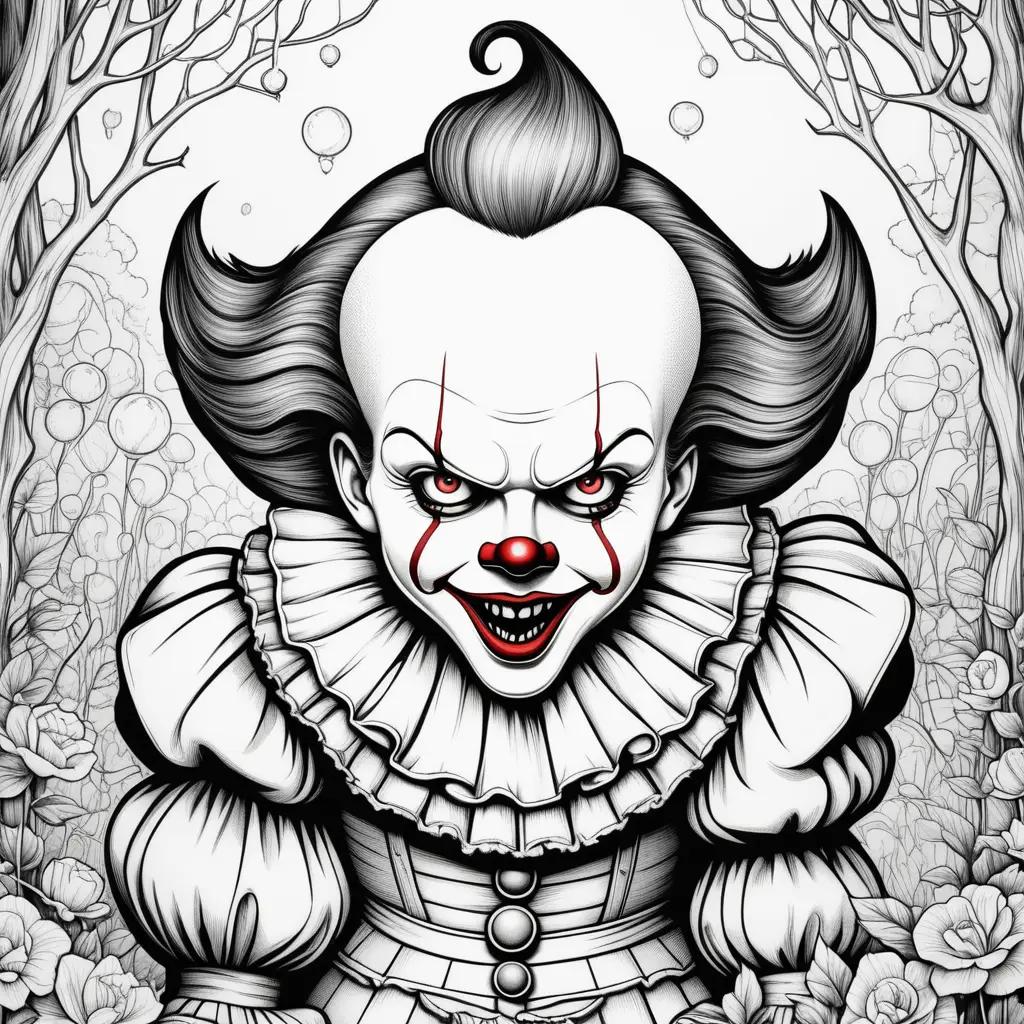 Horror coloring pages of Pennywise in a forest