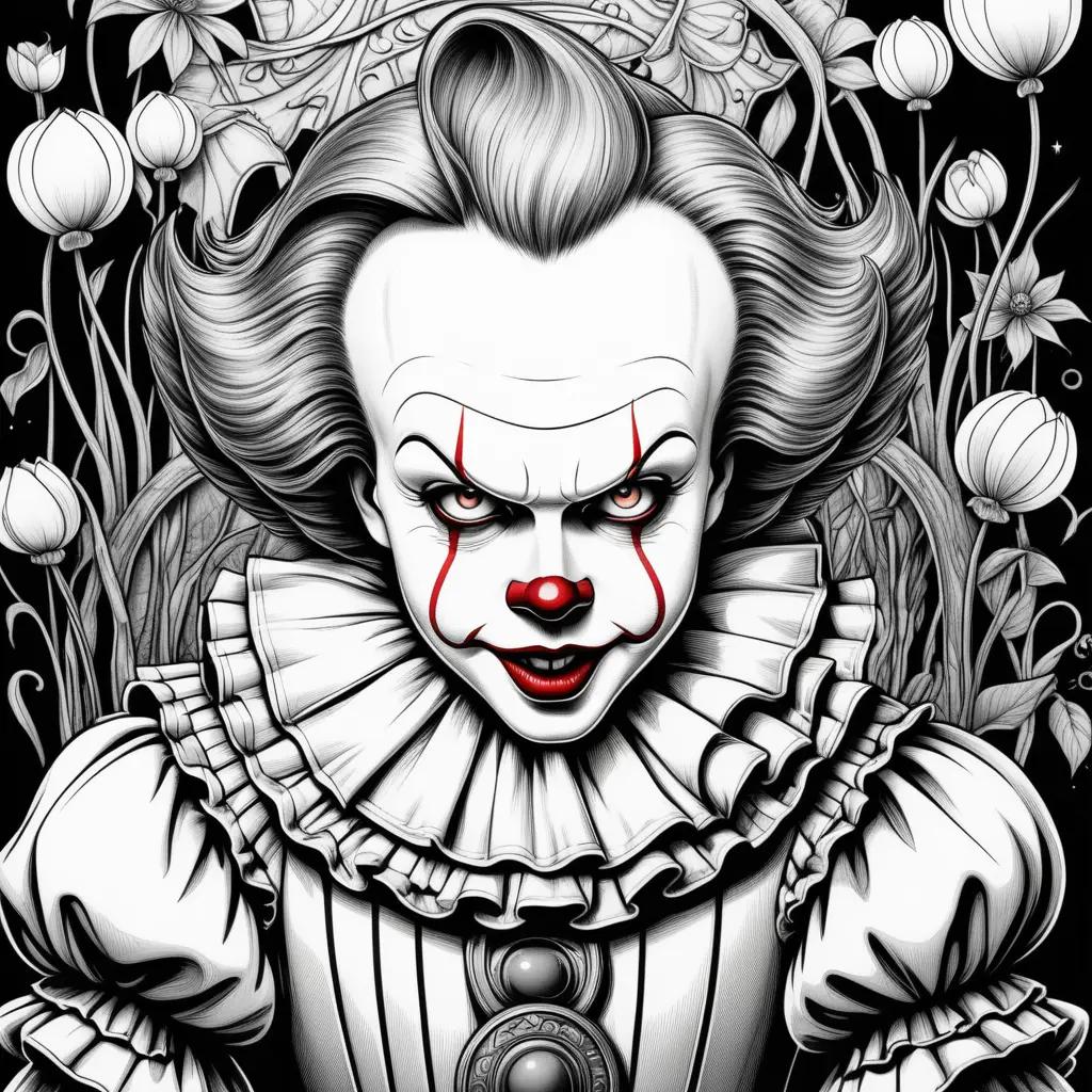 Horror coloring pages of Pennywise with red eyes and black nose