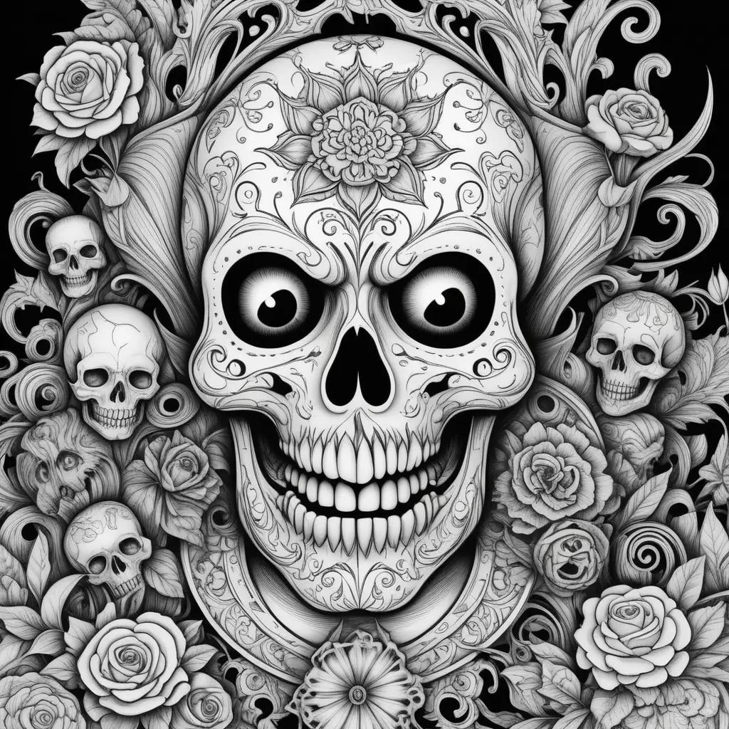 Horror coloring pages of skulls and roses